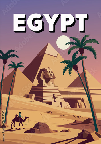 Ancient Egypt Travel Poster, Retro Vector Illustration, Sphinx Pyramids Desert Sunset