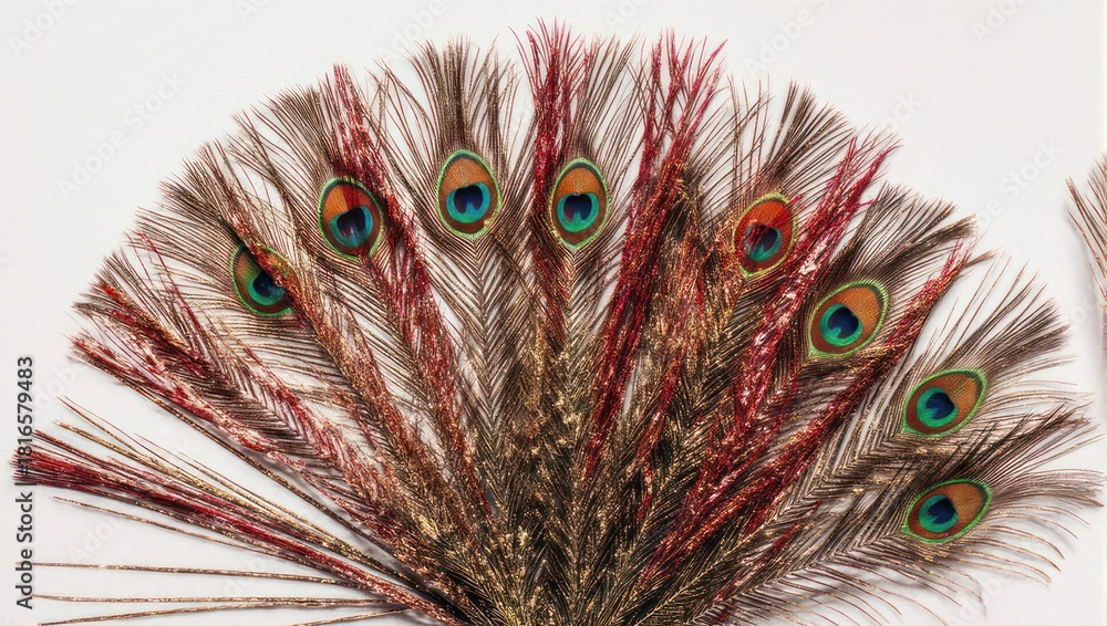 Obraz premium Elegant Peacock Feather Display with Vibrant Eye Patterns and Red Accents.