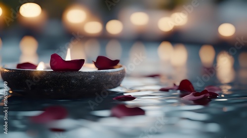 Red rose petals in stone bowl on water surface with soft bokeh lights creating romantic spa atmosphere for wellness treatments.