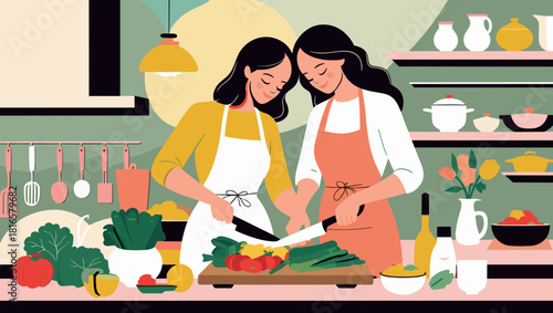 Two Women Enjoying Cooking Together in a Bright Kitchen Illustration 