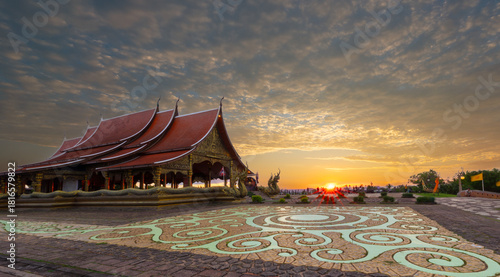 Serene Temple under Sunset: A captivating temple stands proudly beneath a sky painted with the warm hues of the setting sun, exuding a sense of peace and historical significance.