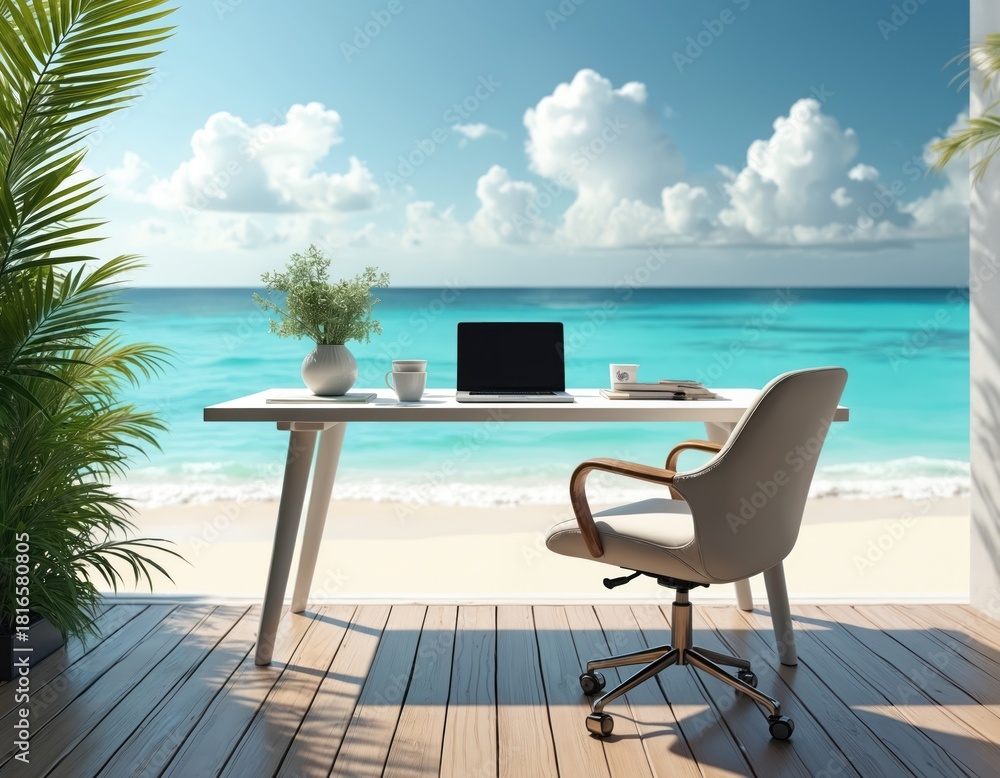 Obraz premium Modern desk setup with laptop near ocean beach, palm trees visible. Workspace offers view of blue sea and sky. Remote work lifestyle in tropical paradise.