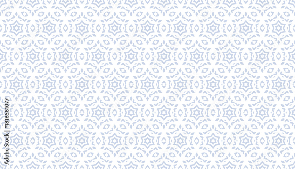 Fototapeta premium Subtle vector ornamental seamless pattern. Blue and white abstract floral geometric background texture with stars, diamonds, grid, lattice. Elegant minimal ornament in oriental style. Repeating design