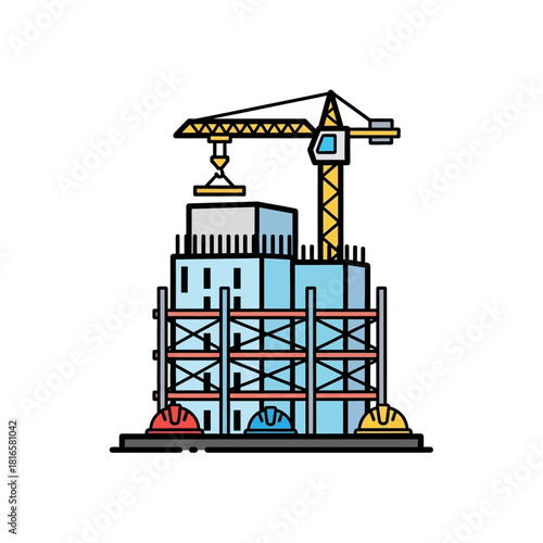 Flat line art illustration of a building under construction with a tower crane, scaffolding, and hard hats.