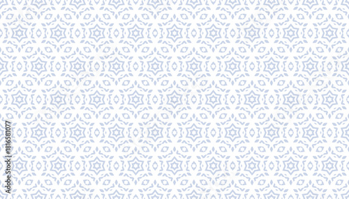 Subtle vector ornamental seamless pattern. Blue and white abstract floral geometric background texture with stars, diamonds, grid, lattice. Elegant minimal ornament in oriental style. Repeating design