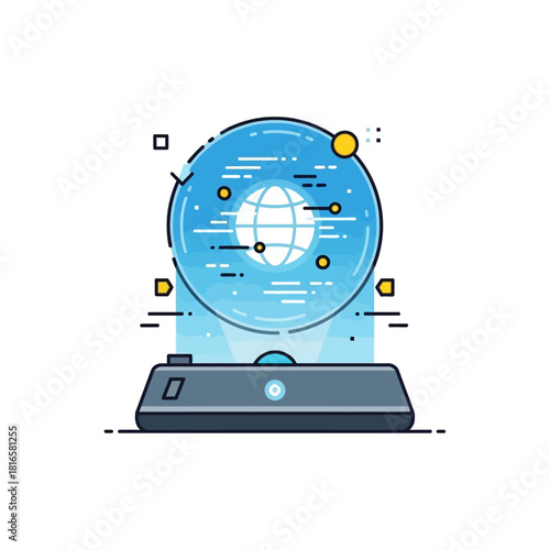 Futuristic holographic globe projector with glowing blue earth display and sleek base.