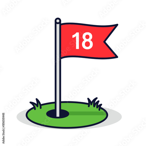 Golf Hole Number 18 - Red Flag with White Number on Green Course.