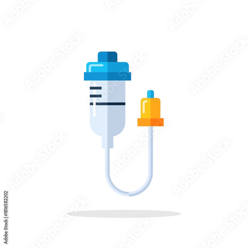 Medical IV drip chamber icon with a blue filter and yellow port, illustrated in a clean, flat design style.