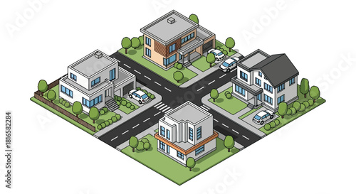 Isometric neighborhood with modern houses and crossroad.