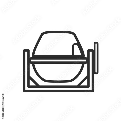 Minimalist black line art icon depicting a portable cement mixer with a rotating drum and handle.