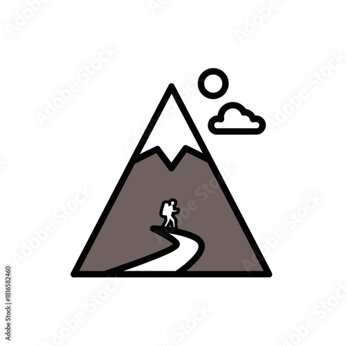 Minimalist black outline mountain icon with grey peak, white snow, tiny hiker on winding path, sun, cloud.