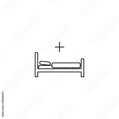 Minimalist line art icon of a hospital bed with a medical cross, symbolizing healthcare and patient care.