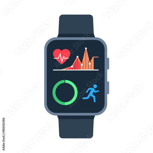 Flat design smartwatch displaying health and fitness data, heart rate, activity tracking, and progress.