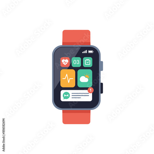 Modern flat design smartwatch with a red strap, displaying a user interface with various app icons and notifications.