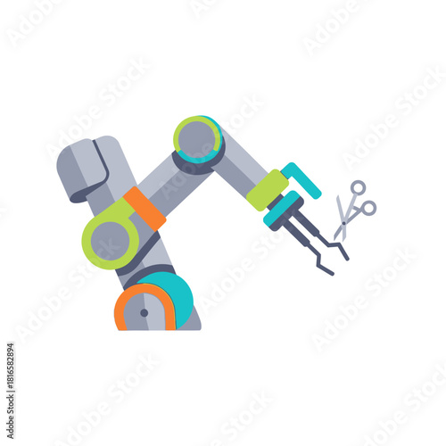 Modern robotic arm with multi-jointed structure holding surgical scissors, flat design illustration.