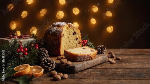 Festive Christmas Panettone with Ornaments and Warm Bokeh Lights