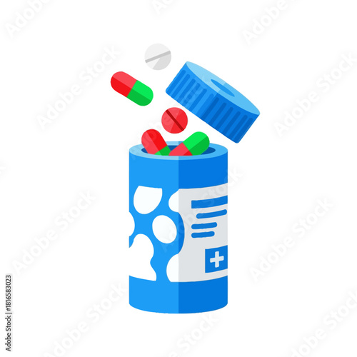 Open blue pill bottle with ribbed lid, red and green capsules, white tablets spilling out.