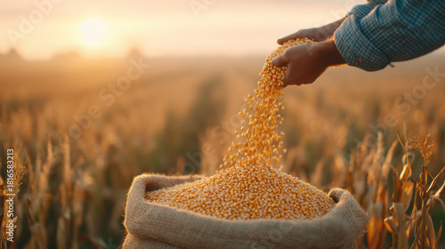 A farmer pouring golden grains from a sack into a field at sunset, symbolizing harvest and abundance.