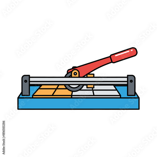 Red and blue manual tile cutter tool for scoring and snapping ceramic floor tiles, flat vector icon.