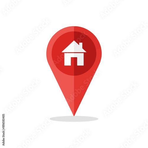 Red flat design map pin icon with a white house symbol, a location marker for a home address.