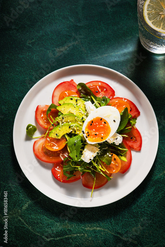 Salad with egg, tomatoes and boiled egg on white plate, healthy meal on dark green background