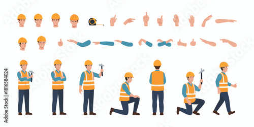 Construction Worker Character Pack — Builder in Safety Vest and Helmet, Multi-Angle Poses, Editable Animation Vector