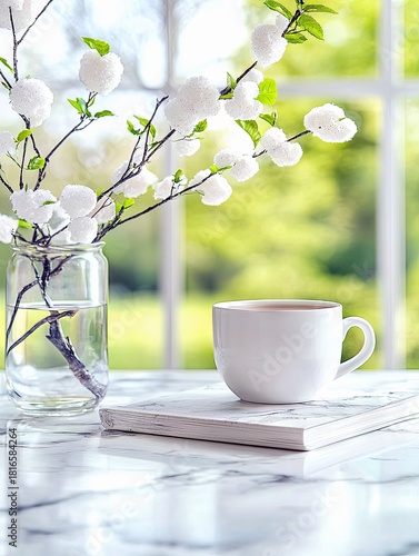 A white ceramic coffee cup rests on a closed book with a marble-patterned cover. To the left, a glass vase holds water and a decorative branch with white fluffy