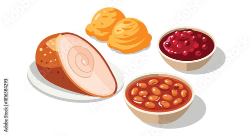 A Delicious Ham Dinner with Baked Beans and Cranberry Sauce, Generative AI.