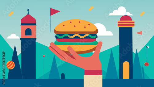 Hand holding a burger in front of stylized cityscape with towers, mountains and festive elements in flat cartoon style