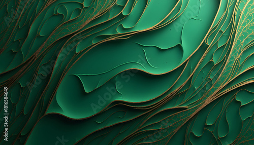 Abstract emerald green and gold art with flowing lines and organic shapes