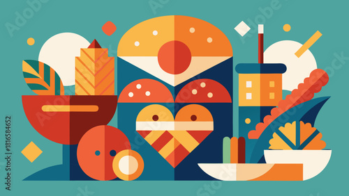 Abstract composition of fast food items including burger, drink, fries and vegetables in modern geometric flat style
