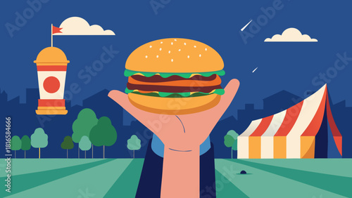 Hand holding a burger at outdoor food festival with tent and drink cup in flat cartoon style