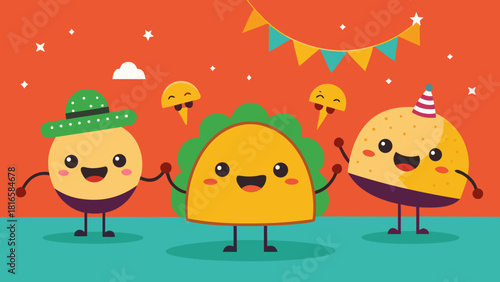 Happy cartoon taco, burger and nachos characters celebrating with party hats and decorations in festive flat style