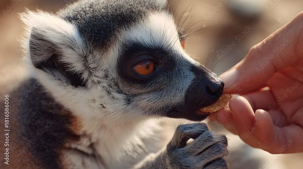 Obraz premium Close up of a cute ring-tailed lemur being fed by a human hand.