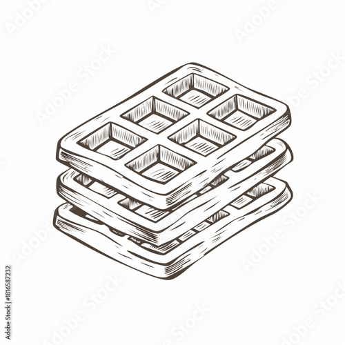 Detailed hand-drawn Belgian waffle illustration with vintage line art style, showing crisp texture and classic grid pattern on a clean white background.