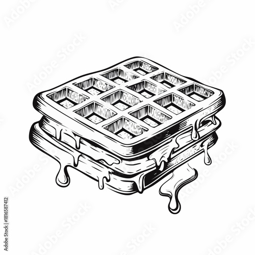 Detailed hand-drawn Belgian waffle illustration with vintage line art style, showing crisp texture and classic grid pattern on a clean white background.