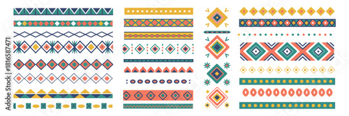 Ethnic Style Border Elements, Colorful Pattern Vector Illustrations, Decorative Set