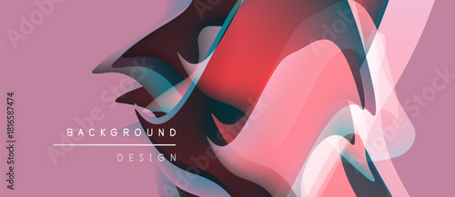 Abstract background design features flowing shapes, pink hues, teal accents. Overlapping layers create dynamic visual texture. Modern, minimalist aesthetic.