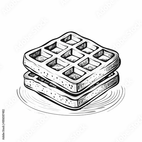 Detailed hand-drawn Belgian waffle illustration with vintage line art style, showing crisp texture and classic grid pattern on a clean white background.