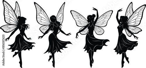 Fairy silhouette, dancing fairies, magical wings, fantasy illustration, graceful pose, mystical art, elegant design, black outline, folklore inspired, enchanted theme