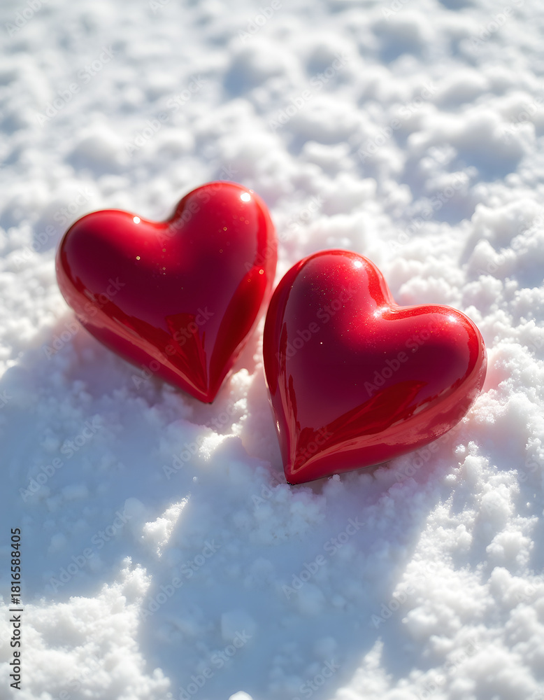 Fototapeta premium Two red hearts resting on a bed of fresh, white snow on a sunny day