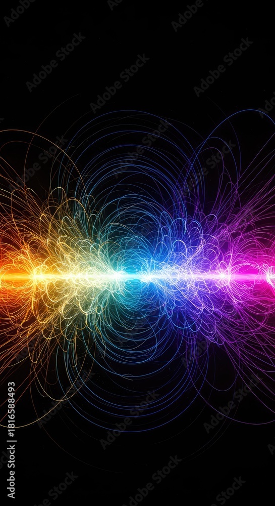 Obraz premium Abstract background showing complex light frequency waves, energy transmission, and vibrant color spectrum gradients ,science ,physics ,electromagnetic