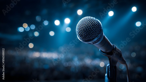 Close up of a professional microphone on a stage with blue lighting for a live concert performance.