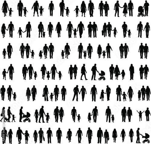 Large collection of diverse family silhouettes walking together, including parents, children, and strollers, ideal for community, parenting, and lifestyle vector design projects