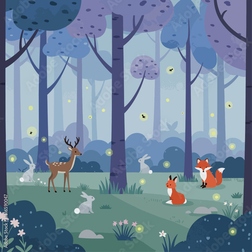Enchanting forest scene at dusk with various animals and fireflies illuminating the trees and undergrowth.