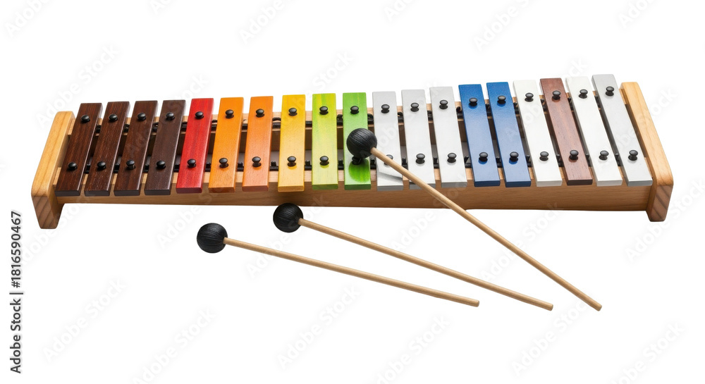 Naklejka premium Colorful Xylophone Glockenspiel Musical Instrument with Wooden Frame and Mallets isolated on Transparent Background