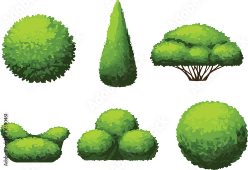 Topiary bush cartoon vector set, decorative garden shapes, foliage design, landscaping element, flat illustration, side view, stylized greenery