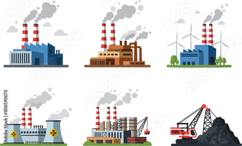 Industrial facility cartoon vector set, factories, smokestacks, nuclear plant, wind turbines, mining, environmental impact, flat illustration