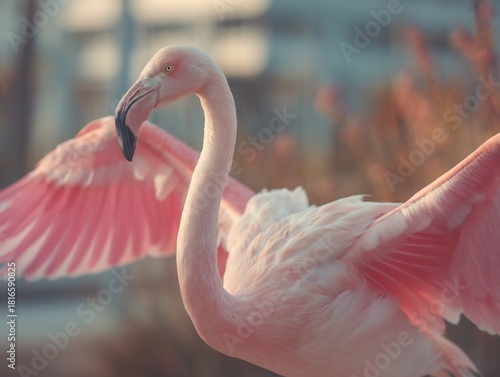 Elegant pink flamingo captured with outstretched wings in soft natural light, showcasing its vibrant plumage and graceful form in a serene outdoor setting.