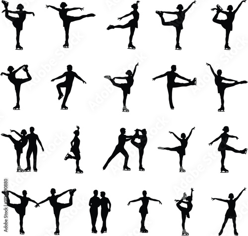 Elegant collection of figure skating silhouette poses showcasing balance, flexibility, dance movement, athletic performance, partner choreography, and graceful ice skating artistry